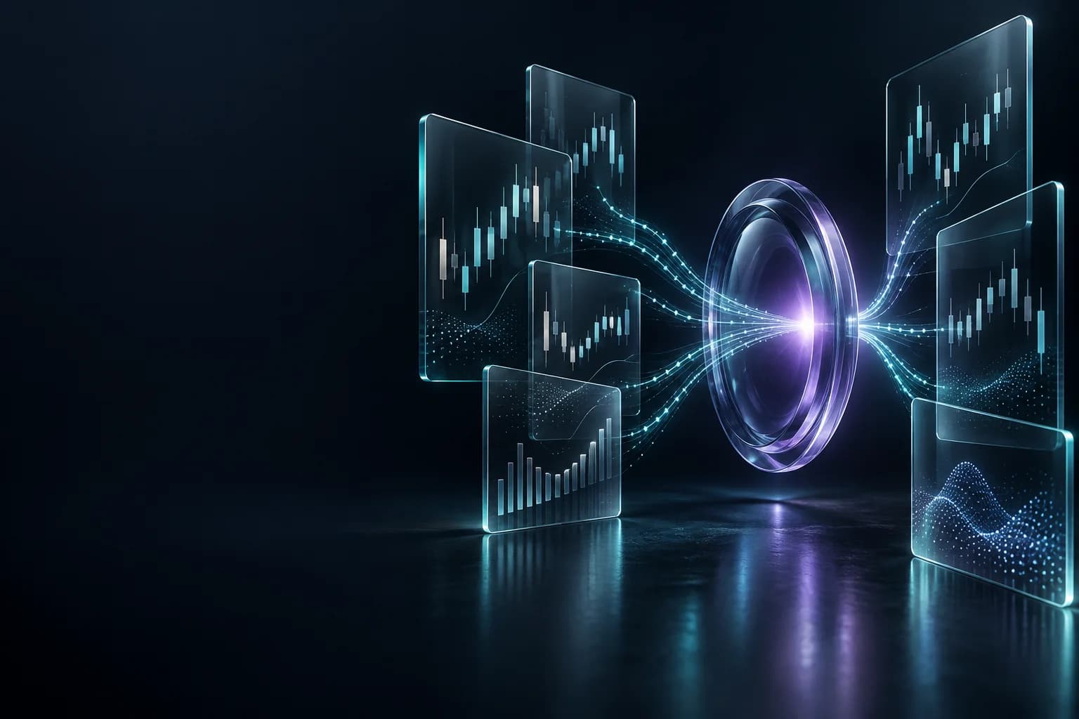 Conceptual glass data panels connected by cyan light to a violet lens
